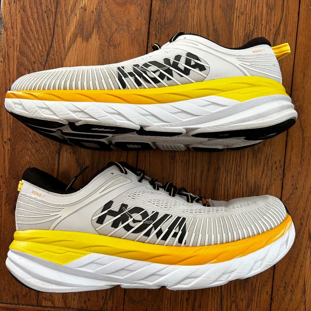 HOKA Men's Bondi 7 Grey White and Yellow Running Shoes 10.5 Wide